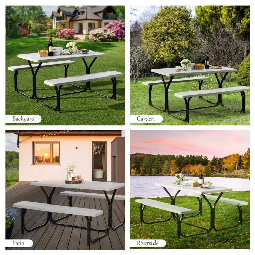 Patiojoy Outdoor Picnic Table Bench Set Patio Camping Table w/Steel Frame & Wood Texture Tabletop for Garden