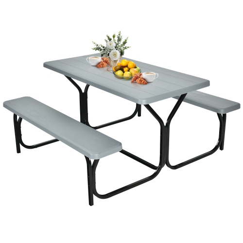 Patiojoy Outdoor Picnic Table Bench Set Patio Camping Table w/Steel Frame & Wood Texture Tabletop for Garden