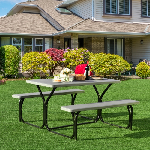 Patiojoy Outdoor Picnic Table Bench Set Patio Camping Table w/Steel Frame & Wood Texture Tabletop for Garden