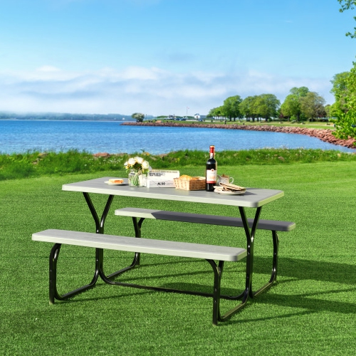 Patiojoy Outdoor Picnic Table Bench Set Patio Camping Table w/Steel Frame & Wood Texture Tabletop for Garden