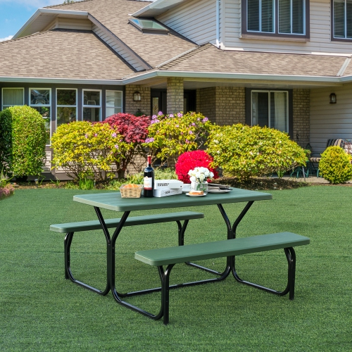 Patiojoy Outdoor Picnic Table Bench Set Patio Camping Table w/Steel Frame & Wood Texture Tabletop for Garden