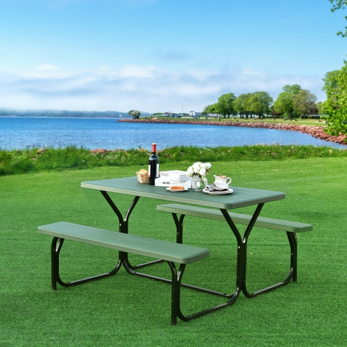 Patiojoy Outdoor Picnic Table Bench Set Patio Camping Table w/Steel Frame & Wood Texture Tabletop for Garden