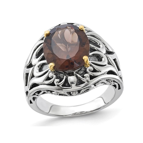 GEM AND HARMONY  4.40 Carat (Ctw) Smoky Quartz Ring In Sterling Silver With 14K Accent In Gold