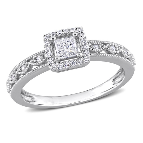 GEM AND HARMONY  3/8 Carat (Ctw H-I, I2-I3) Princess Diamond Engagement Halo Ring In 10K Gold In White