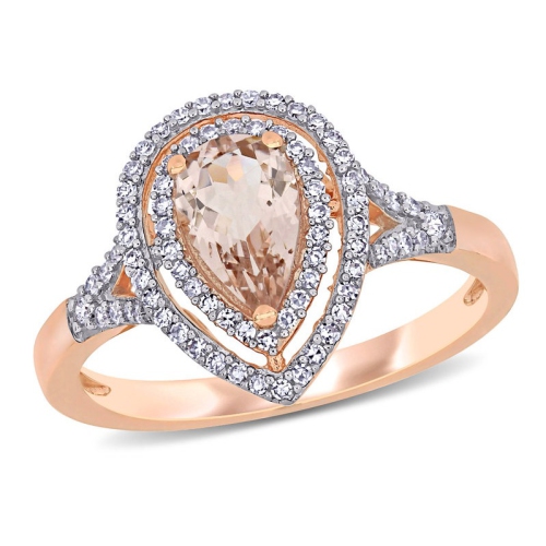 GEM AND HARMONY  5/8 Carat (Ctw) Pear Drop Morganite Double Halo Ring In 14K Rose With Diamonds In Gold