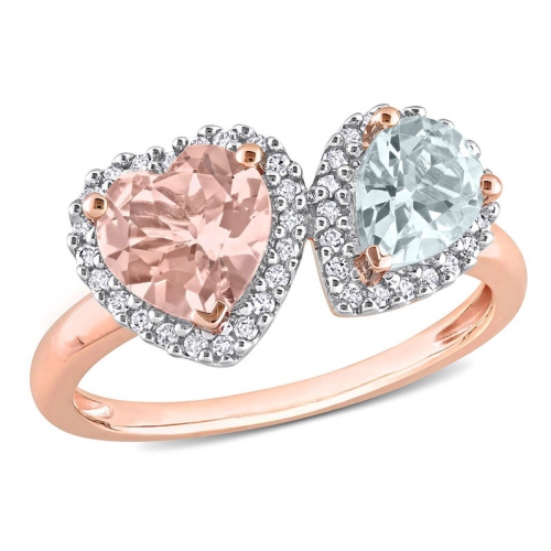 1.75 Carat (ctw) Morganite and Aquamarine Heart Ring in 10K Rose Gold with Diamonds