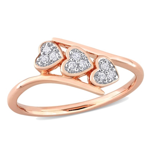 1/10 Carat Diamond Triple Heart Bypass Promise Ring in Rose Plated Silver