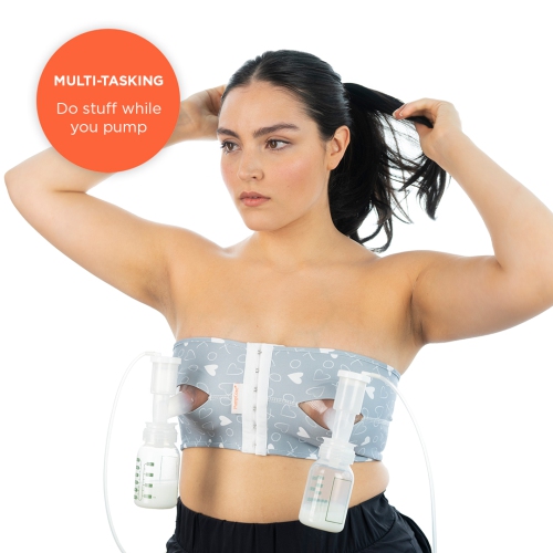 PumpEase Hands Free Pump Bra, Small, Adjustable, Works for All Pumps Hugs &  Kisses Grey Small