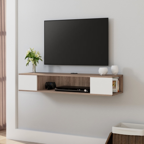 FITUEYES Floating TV Stand with Storage Shelf, White & Oak Entertainment Center for Home Living Room