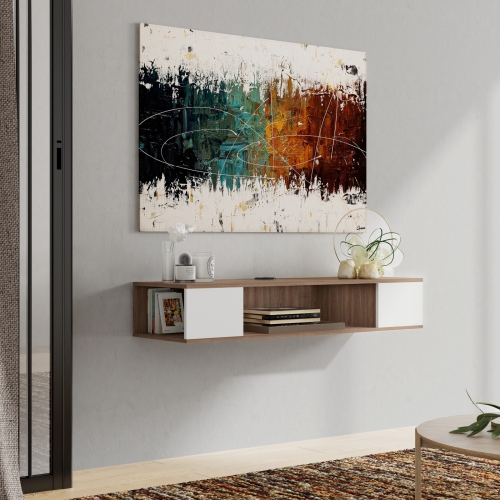 FITUEYES Floating TV Stand with Storage Shelf, White & Oak Entertainment Center for Home Living Room