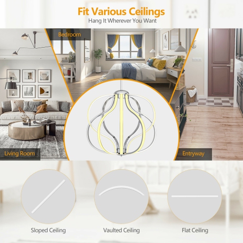 Gymax Dimmable Modern LED Chandelier Chrome Plated Pendant Light w/ Warm White LED