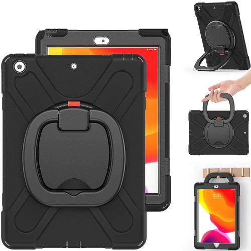 【CSmart】 Shockproof Rugged Defender Case with Rotate Stand & Shoulder Strap for iPad 10.2, Black