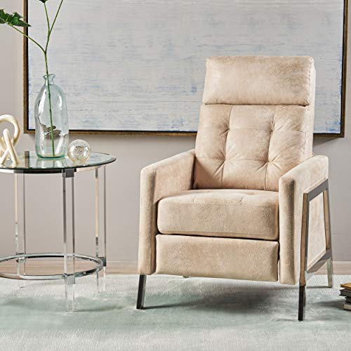 Baron Modern Tufted Microfiber Push Back Recliner with Stainless Steel Legs, Ivory and Gray