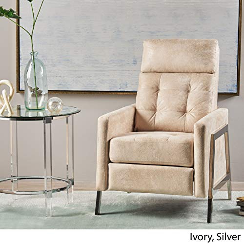 Baron Modern Tufted Microfiber Push Back Recliner with Stainless Steel Legs, Ivory and Gray