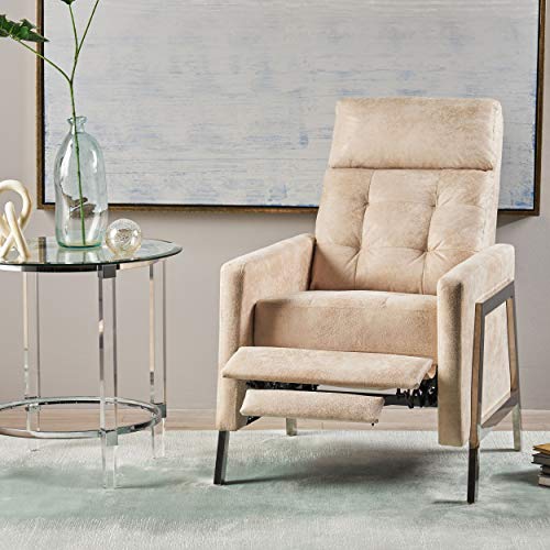 Baron Modern Tufted Microfiber Push Back Recliner with Stainless Steel Legs, Ivory and Gray