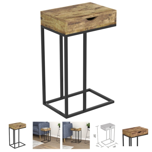 Bebelelo 16" C-Shaped Accent Table with Drawer & Metal Base,Brown Reclaimed Wood