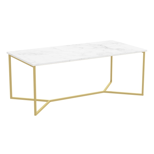 Bebelelo Modern 44"L Coffee Table with Marble Finish Top and Gold Metal Base