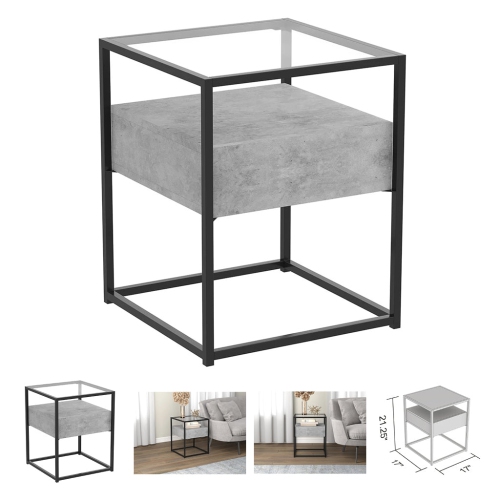 Bebelelo 17"L Glass Top Accent Table with Dark Cement Drawer, Black Metal Frame