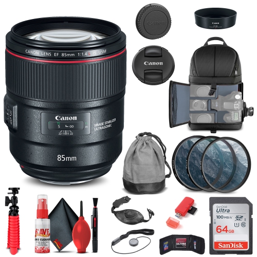 Canon EF 85mm f/1.4L IS USM Lens + Filter Kit + BackPack + More