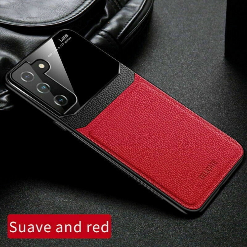 Delfin Leather Case Anti Slide Camera Protection Shockproof cover Plexiglass Bumper Phone Case Slim Cover for Samsung Galaxy S22 PLUS -Red