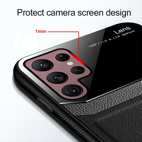 Delfin Leather Case Anti Slide Camera Protection Shockproof cover Plexiglass Bumper Phone Case Slim Cover for Samsung Galaxy S22 ULTRA -Black