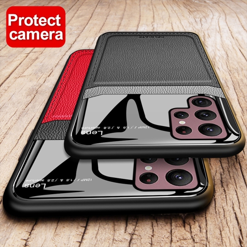 Delfin Leather Case Anti Slide Camera Protection Shockproof cover Plexiglass Bumper Phone Case Slim Cover for Samsung Galaxy S22 ULTRA -Black