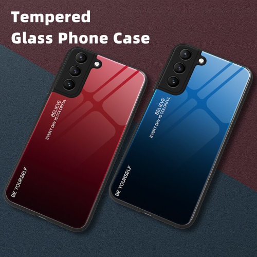 RIVIERA Verre Trempé Dégradé Design Coque Arrière Rigide Antichoc Coque de Protection en Silicone Bumper Anti-Rayures pour Samsung Galaxy S22 -Rouge