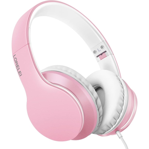 LORELEI  Foldable Over-Ear Headphones \w Mic, Portable Stereo Bass Wired Headset, Tangle-Free 1.45M Cable, Ideal for Smartphones, Tablets, Mp3/4 (Pink)