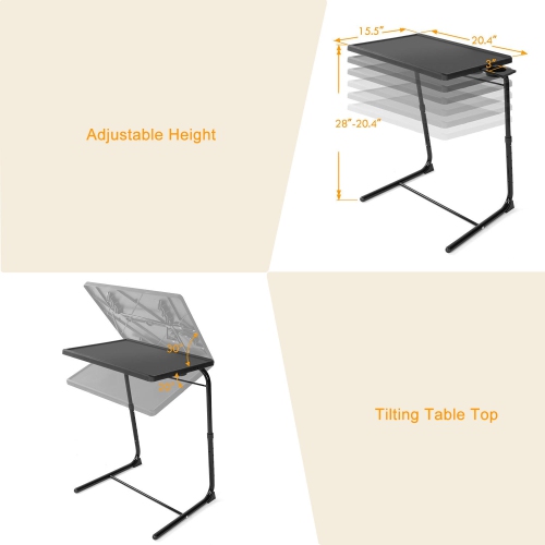 Table-plateau pliable pour téléviseur avec pattes ajustables et 3 angles inclinables avec porte-gobelet de 3 po pour la cuisine de travail ou de