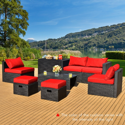 GYMAX  8PCs Rattan Patio Sectional Furniture Set W/ Waterproof Cover & Cushions In Red