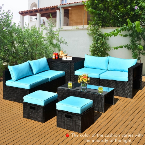 Image 1 de 8.. Ensemble de meubles modulaires de patio en rotin Gymax 8 pièces avec housse imperméable et coussins turquoise