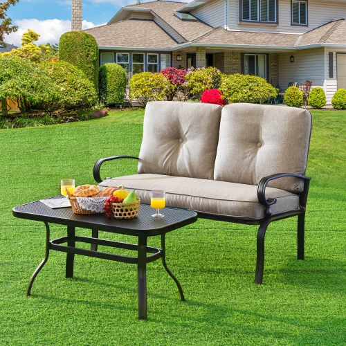 Image 1 of 9.. Gymax 2PCS Patio Loveseat & Table Set Conversation Sofa Set w/ Beige Cushions