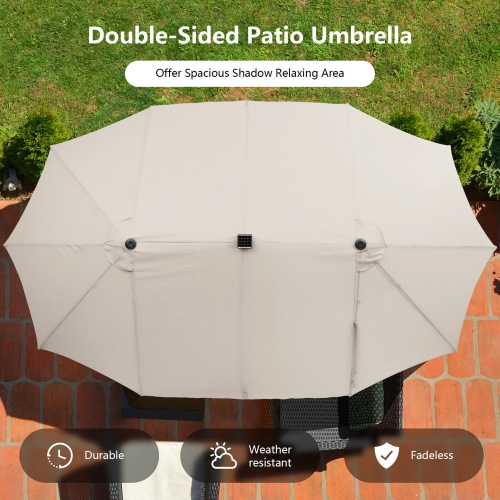 Gymax Outdoor 15' Double-Sided Patio Umbrella 48 Solar LED Lights Crank & Base