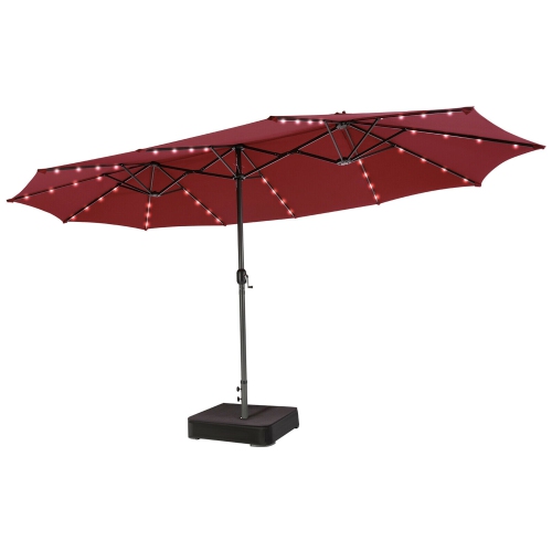 Gymax Outdoor 15' Double-Sided Patio Umbrella 48 Solar LED Lights Crank & Base