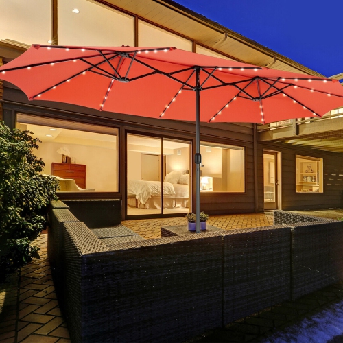 Image 1 de 9.. Marque Gymax Parasol double de patio 4,57 m avec 48 lumières DEL solaires Manivelle et base