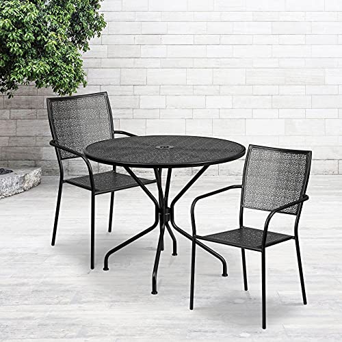 FLASH FURNITURE  Commercial Grade 35.25" Round Black Indoor-Outdoor Steel Patio Table Set With 2 Square Back Chairs