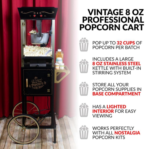 Nostalgia Vintage Professional Popcorn Cart - Bouilloire de 8 onces - 53 pouces de hauteur - Noir