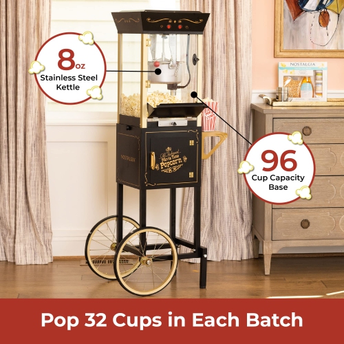 Nostalgia Vintage Professional Popcorn Cart - Bouilloire de 8 onces - 53 pouces de hauteur - Noir