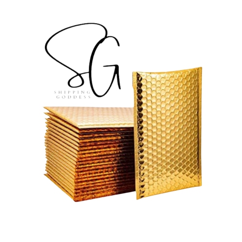 Image 1 of 1.. Shipping Goddess 4" X 7" #000 Gold Metallic Foil Glamour Bubble Mailers/300 Pack