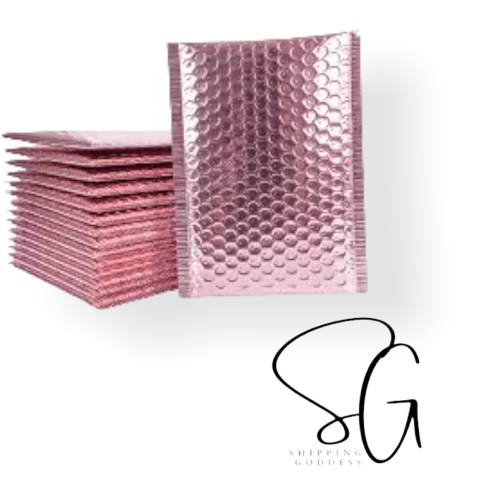 Image 1 of 1.. Shipping Goddess 7.5" X 7.5" #CD Light Pink Metallic Foil Glamour Bubble Mailers/150 Pack