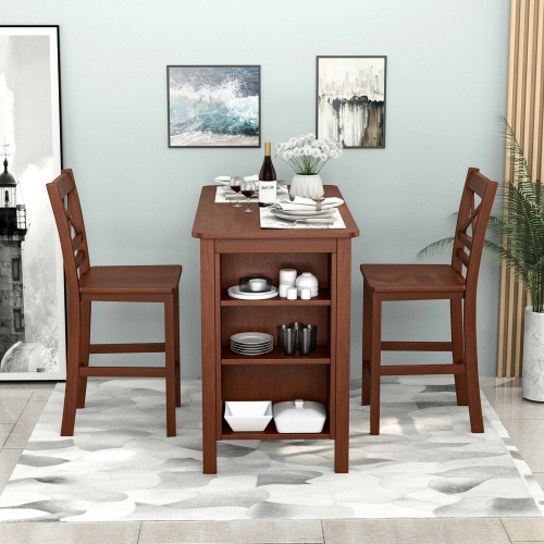 Gymax Counter Height Pub Table Bar Table w/ Rubber Wood Legs & Storage Shelves