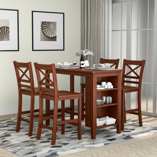 Gymax Counter Height Pub Table Bar Table w/ Rubber Wood Legs & Storage Shelves