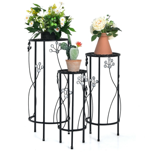 GYMAX  3 PCs Metal Plant Stand Set Plant Pot Holder W/crystal Floral Accents Round