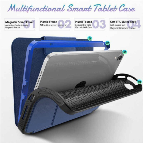 XCRS Premium Built Case for Apple iPad Mini 6 8.3" (Model A2567/A2568/A2569) Highly Protective, 1 Card Pockets, Built-In Pencil Holder & Auto Wake /