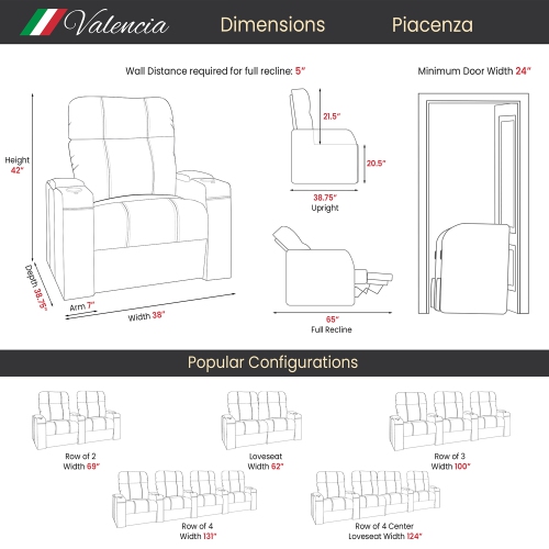 Fauteuil de cinéma maison Valencia Piacenza | Cuir Nappa 9000 de qualité supérieure, inclinaison électrique, appuie-tête électrique, éclairage LED