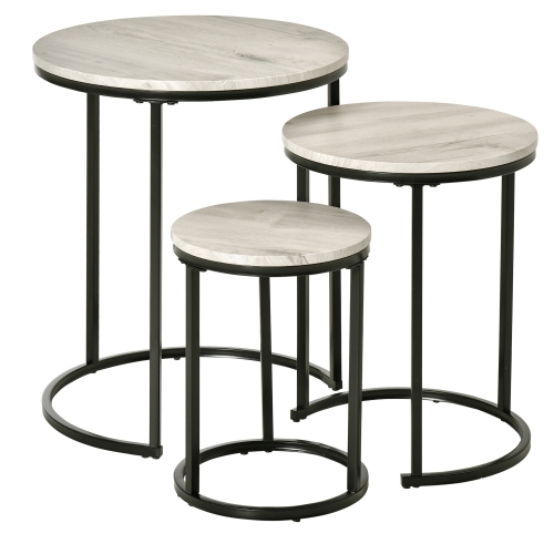 HOMCOM Round Nesting Coffee Tables, Set of 3, Modern Stacking Side Tables with Wood Grain Steel Frame for Living Room, Grey