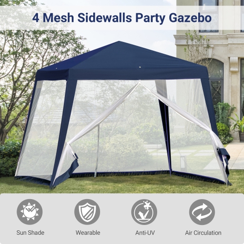 Outsunny 10x10ft Party Tent Canopy with Netting, Patio Screen House Slant Leg Outdoor Gazebo Sun Shade Shelter, Blue