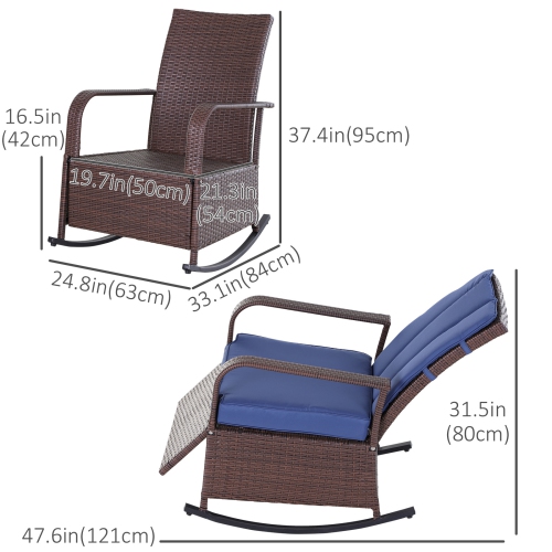 Outsunny Outdoor Wicker Rocking Chair with Cushion, Patio PE Rattan Recliner Chair with Adjustable Footrest, Armrests, Dark Blue