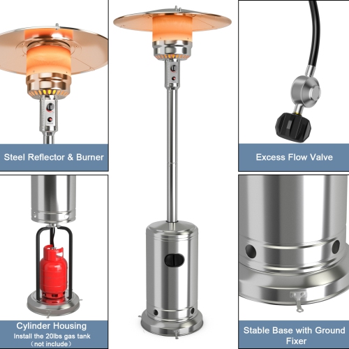 Patiojoy Outdoor 50000 BTU Standing Heater LP Propane Heater w/Wheels Silver/Black/Bronze/Gray