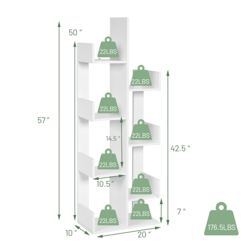 Topbuy 8-Tier Modern Bookshelf Anti-fall Tree Bookcase Storage Rack Suitable for Home & Office Brown/White/Black